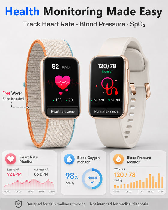MorePro Health Fitness Tracker for Women Men, 24/7 Heart Rate Blood Pressure & Oxygen Monitoring, Sleep Tracker, 100+ Sport Modes Smart Watch, IP68 Waterproof, Gold