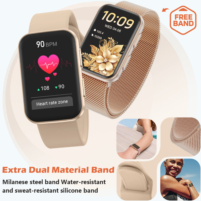 MorePro Health Fitness Tracker with Blood oxy-gen Monitor and 24/7 Heart Rate and Blood Pressure, Sleep Monitor, 120+ Sport Modes Waterproof Fitness Watch for Women Men Android iOS, Milanse Gold