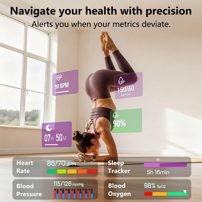 MorePro Health Fitness Tracker with Blood oxy-gen Monitor and 24/7 Heart Rate and Blood Pressure, Sleep Monitor, 120+ Sport Modes Waterproof Fitness Watch for Women Men Android iOS, Milanse Gold
