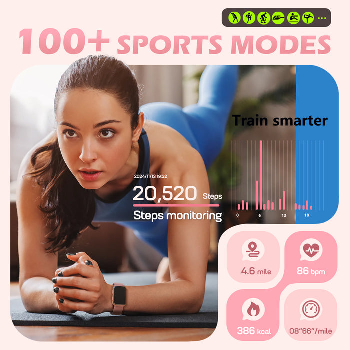 MorePro Health Fitness Tracker with Blood oxy-gen Monitor and 24/7 Heart Rate and Blood Pressure, Sleep Monitor, 120+ Sport Modes Waterproof Fitness Watch for Women Men, Active Pink