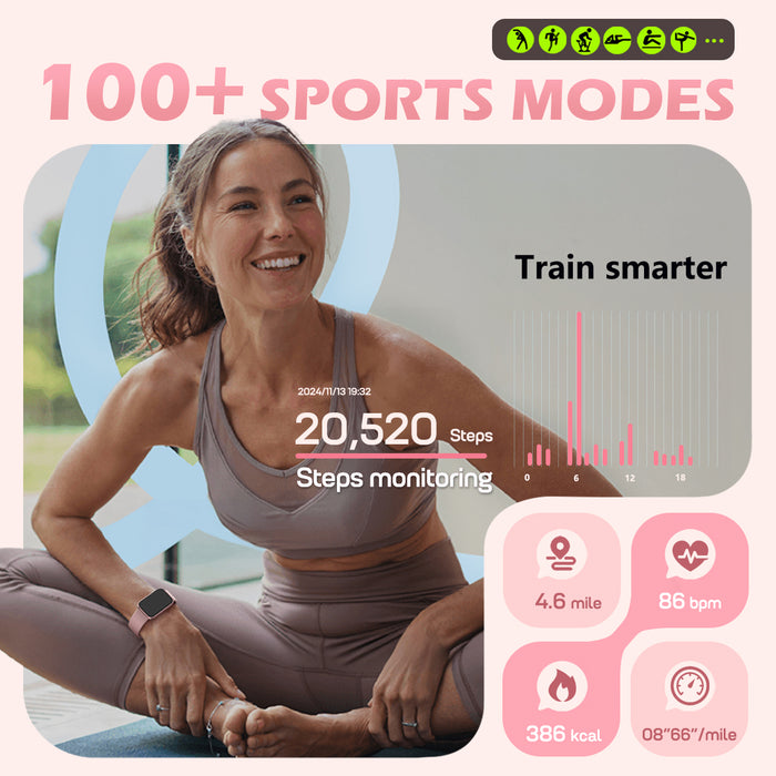 MorePro Health Fitness Tracker with Blood oxy-gen Monitor and 24/7 Heart Rate and Blood Pressure, Sleep Monitor, 120+ Sport Modes Waterproof Fitness Watch for Women Men Android iOS, Pink