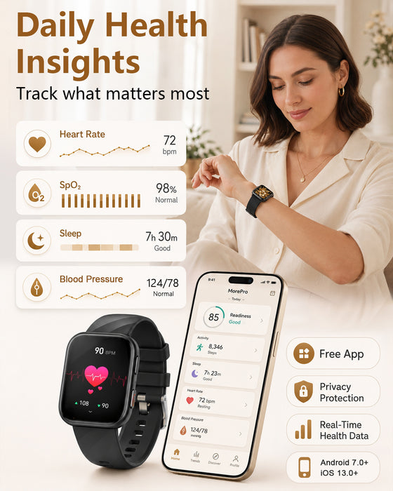 MorePro Health Fitness Tracker (Make/Answer Call), 24/7 Heart Monitor with Blood Pressure, Blood Oxygen, Sleep Tracking, 120+ Sports Modes Smart Watch with 7-Day Battery, Compatible with iOS Android