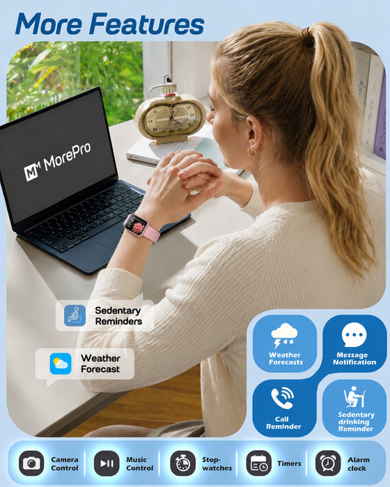 MorePro Health Fitness Tracker for Women Men, 24/7 Heart Rate Blood Pressure & Oxygen Monitoring, Sleep Tracker, 100+ Sport Modes Smart Watch, IP68 Waterproof, 2 Bands, Compatible Android iOS