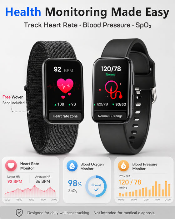 MorePro Health Fitness Tracker for Women Men, 24/7 Heart Rate Blood Pressure & Oxygen Monitoring, Sleep Tracker, 100+ Sport Modes Smart Watch, 2 Bands, Compatible Android iOS